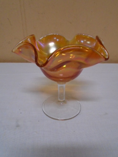 Vintage Imperial Marigold Carnival Glass Ruffled Edge Pedestal Bowl