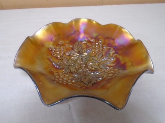 Northwood Grape Leaves Fluted Carnival Glass Bowl
