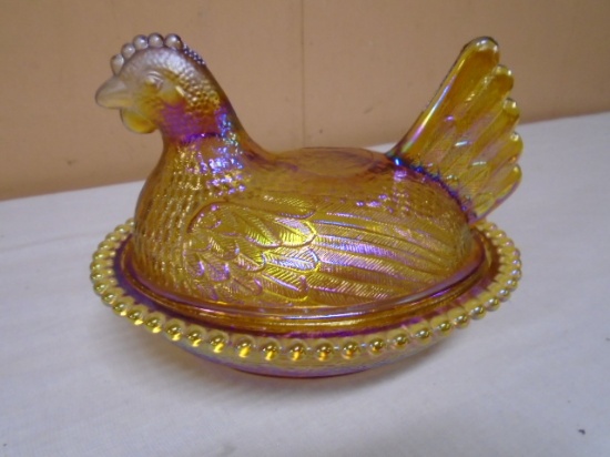Vintage Indiana Glass Amber Iridescent Hen on Nest