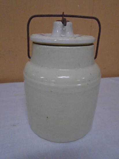 Antique Western Stoneware Covered Crock Jar w/Wire Bale Seal