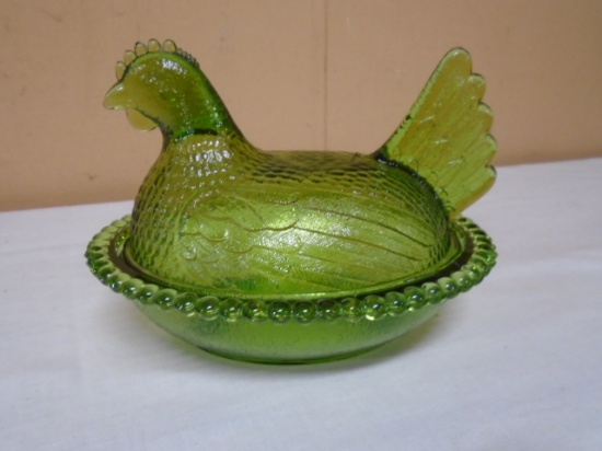 Vintage Indiana Glass Green Glass Hen on Nest