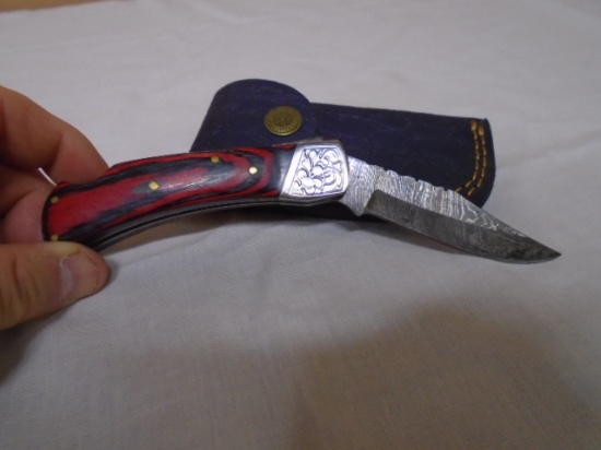 Custom Handmade Damascus Blade Folding Lock Blade Knife w/ Leather Sheave
