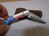 Custom Handmade Damascus Blade Folding Lockblade Knife w/Leahter Sheath