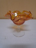 Vintage Imperial Marigold Carnival Glass Ruffled Edge Pedestal Bowl