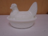 Vintage White Milk Glass Hen on Nest