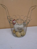 Wire Egg Basket w/5 Wooden Eggs and Ceramic Chicken