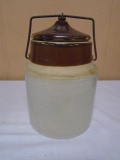 Vintage Brown Over White Crock Jar w/ Wire Bale Seal