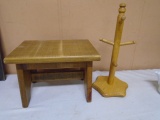 Small Vintage Wooden Stool & Vintage Wooden Cup Tree