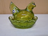 Vintage Mestmorland Green Glass Hen on Nest