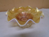 Vintage Marigold Opalescent Fluted Pedistal Carnival Glass Bowl