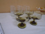 Set of 6 Vintage Etched Glasses & 4 Smokey Topaz Champagne Glasses