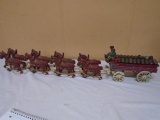 Vintage Cast Iron 8 Horse Budweiser Beer Wagon w/ 2 Men-Dog-Wood Kegs