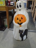 34in Tall Blowmolded Lighted Ghost w/ Pumpkin & Black Cat