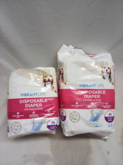 2 VibrantLife 12Ct Packs of Female Dog Disposable Diapers- M