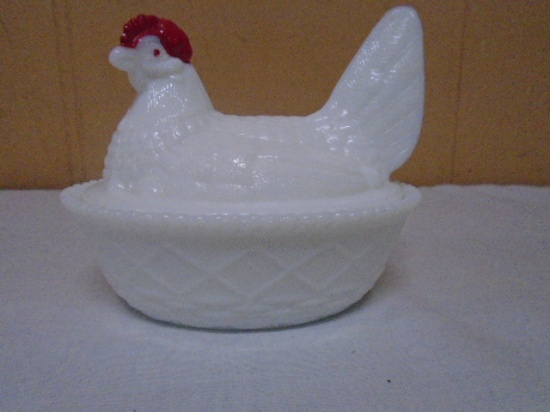 Vintage West Moreland Milk Glass Hen on Nest w/Red Details