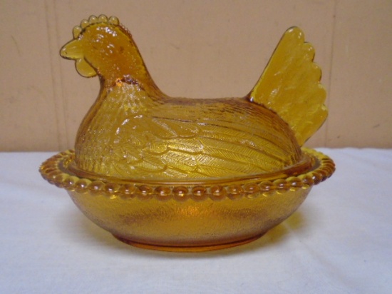 Vintage Indiana Glass Amber Hen on Nest