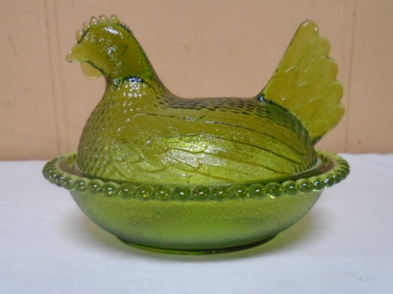 Vintage Indiana Glass Green Hen on Nest