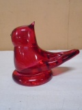 Signed Art Glass Red Bird Paperweight