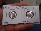 1958 & 1964 D Mint Silver Rosevelt Dimes