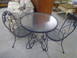 Round Glass Top Metal Patio Table w/ 2 Matching Chairs