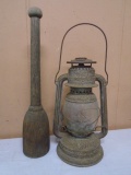Antique Nier Oil Lantern & Wooden Masher