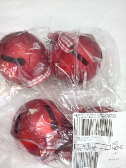 4 piece Jingle bell ornaments with Red Ribbon