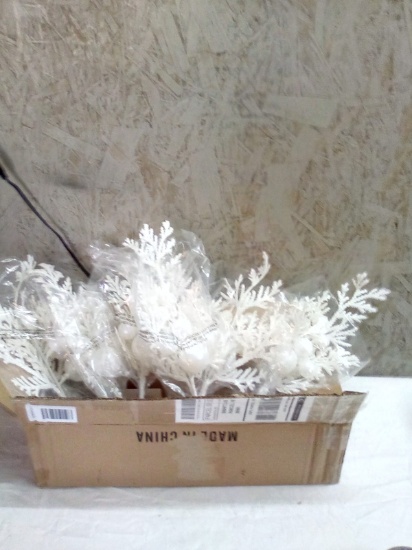 set of 6 glittered cedar and Ornament picks White
