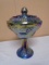 Vintage Indiana Glass Blue Iridescent Harvest Grape Pedistal Compote w/ Lid