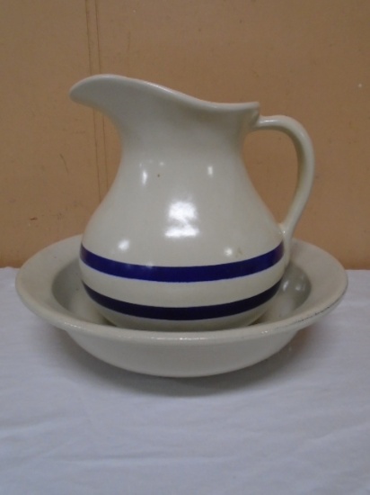 RRP Co Roseville, OH Double Blue Band Crock Pitcher & Bowl Set