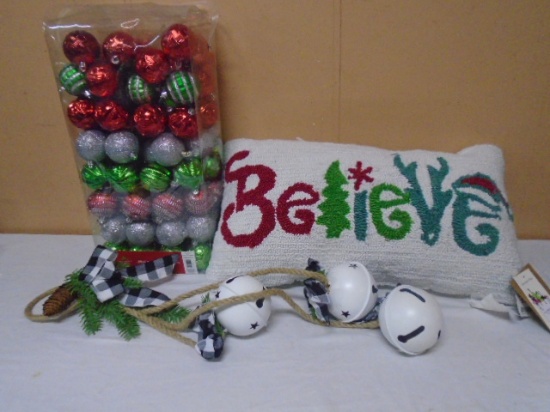 Large Group of Ornaments-Believe Decorative Pillow-Set of Metal Decorative Bells