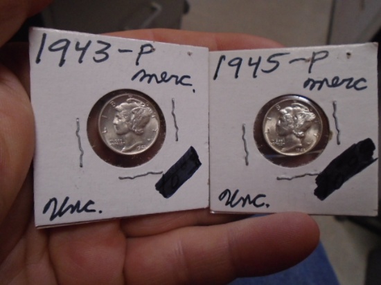 1943 P & 1945 P Mint Silver Mercury Dimes