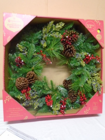 32in Pre-Lit Evergreen Wreath