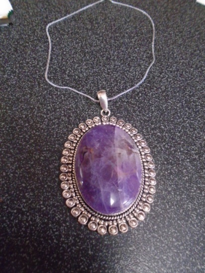 Ladies German Silver & Amethyst Pendant & Necklace