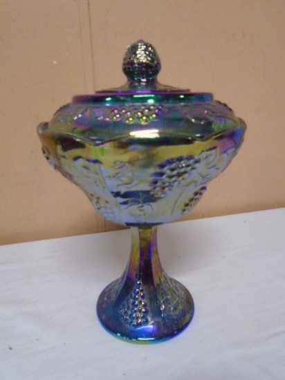 Vintage Indiana Glass Blue Iridescent Harvest Grape Pedistal Compote w/ Lid