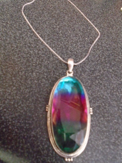 Ladies German Silver & Multi Stone Pendant w/ Necklace