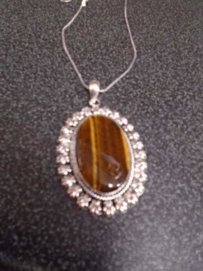 Ladies German Silver & Tiger Eye Pendant & Necklace