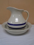 RRP Co Roseville, OH Double Blue Band Crock Pitcher & Bowl Set