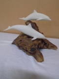 John Perry Double Dolphin Figurine on Burl Wood