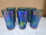 Set of 6 Vintage Indiana Glass Blue Iridescent Harvest Grape Tumblers