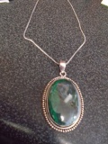 Ladies German Silver & Malakite Pendant w/ Necklace