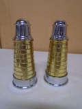 Set of Brass & Chrome Lighthouse Salt & Pepper Shakers
