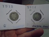 1913 & 1914 D Mint Silver Barber Dimes