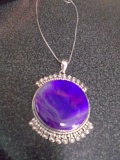 Ladies German Silver & Pink Lace Agate Pendant w/ Necklace