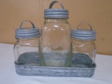 Galvinized Metal Tray w/ 3 Glass Jars w/ Galvinized Metal Jids