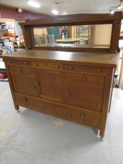 Antique Oak Sideboard/Buffet w/ Beveled Glass Mirror Back