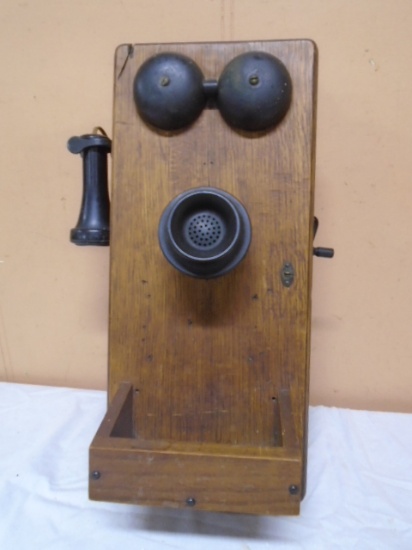 Antique Oak Handcrank Wall Telephone