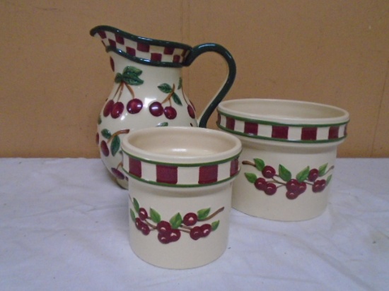 Pottery Pitcher & 2 Matching Kitchen Crocks