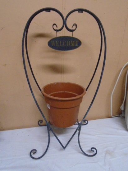 Metal Welcome Plant Holder w/ Flower Pot