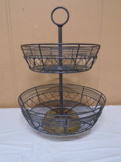 2 Tier Metal Basket on Wood Base