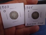 1903 O Mint & 1905 S Mint Silver Barber Dimes